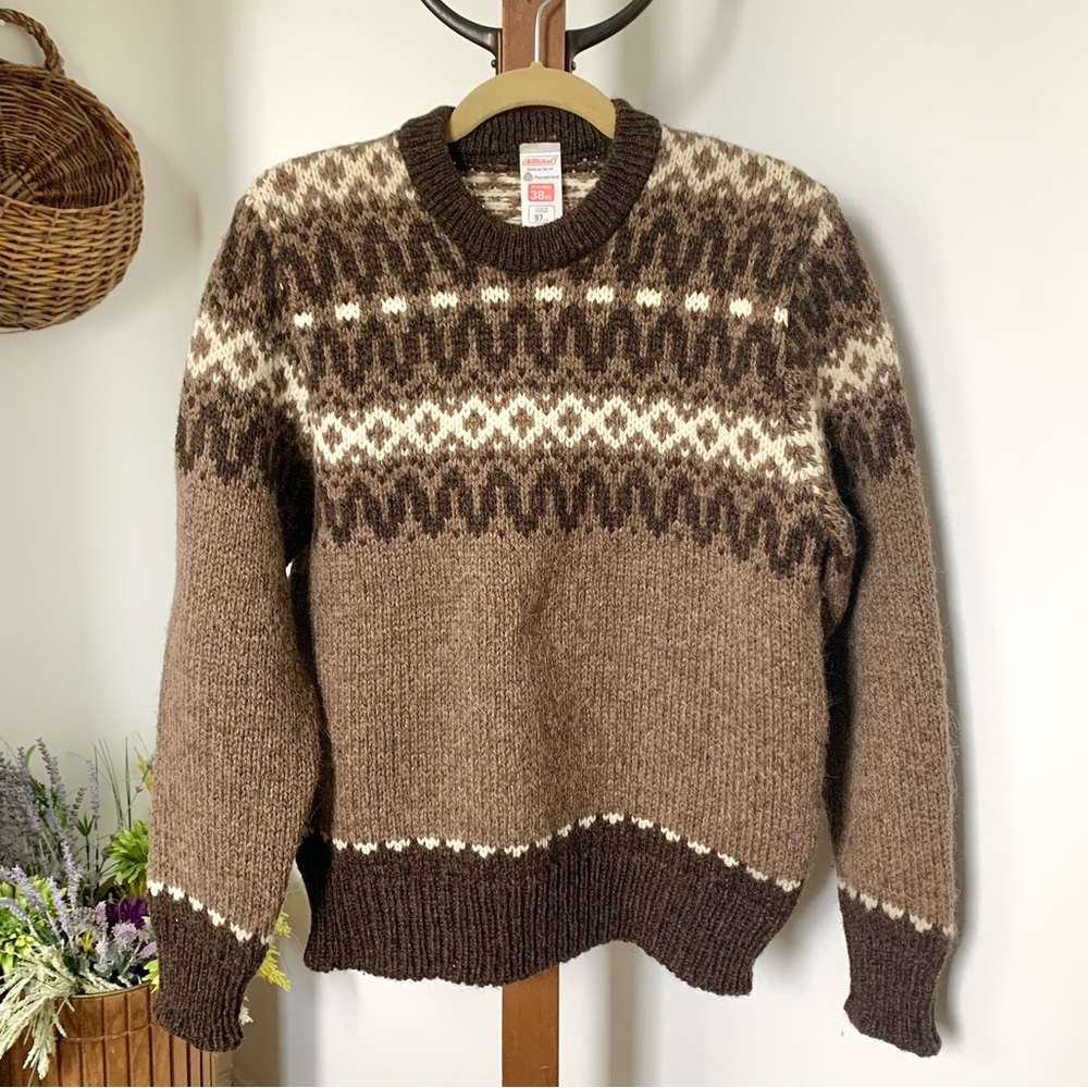 Vintage Cabincore Fisherman Wool Fair Isle Sweater brown cream St Michael UK 38